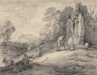 Boslandschap met boer die een inscriptie leest op een grafsteen naast een vervallen kerk, figuren,...